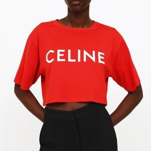 NEW Celine Red & White Logo Cropped Top Tee Medium